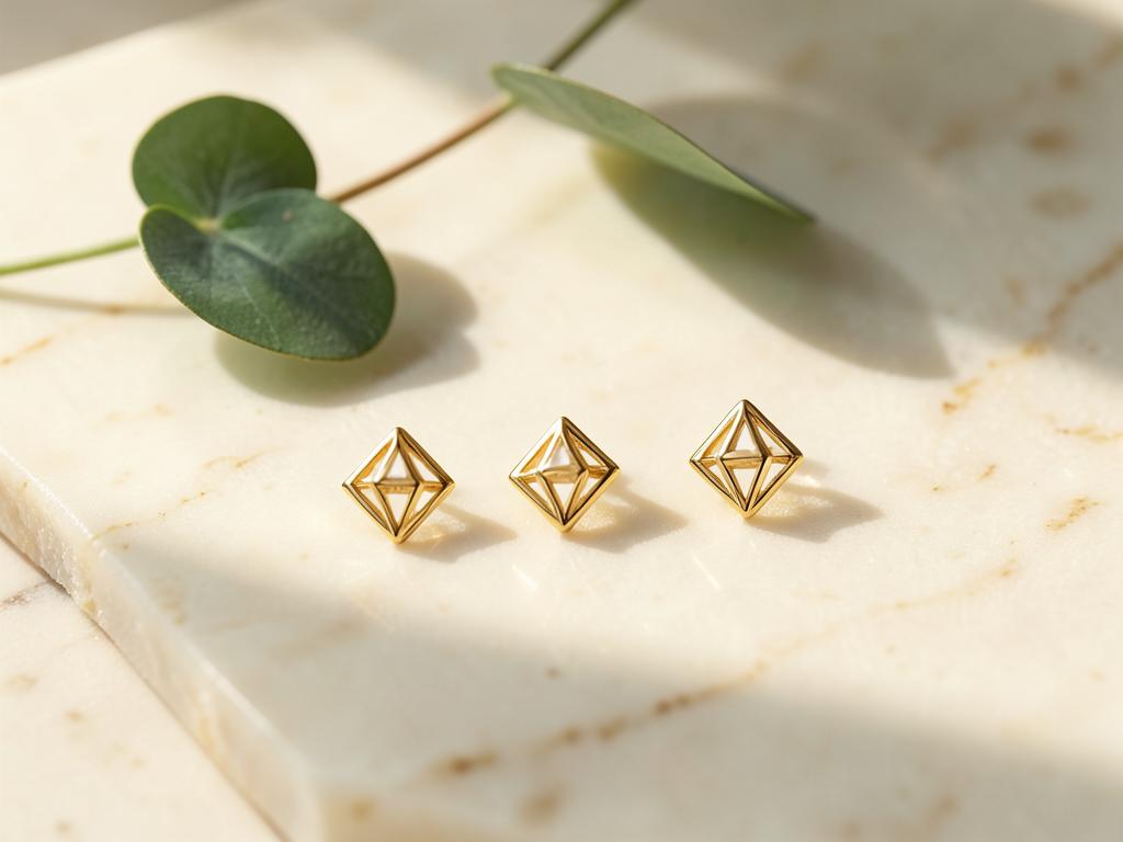 Three gold diamond emblems on cream marble with eucalyptus leaf