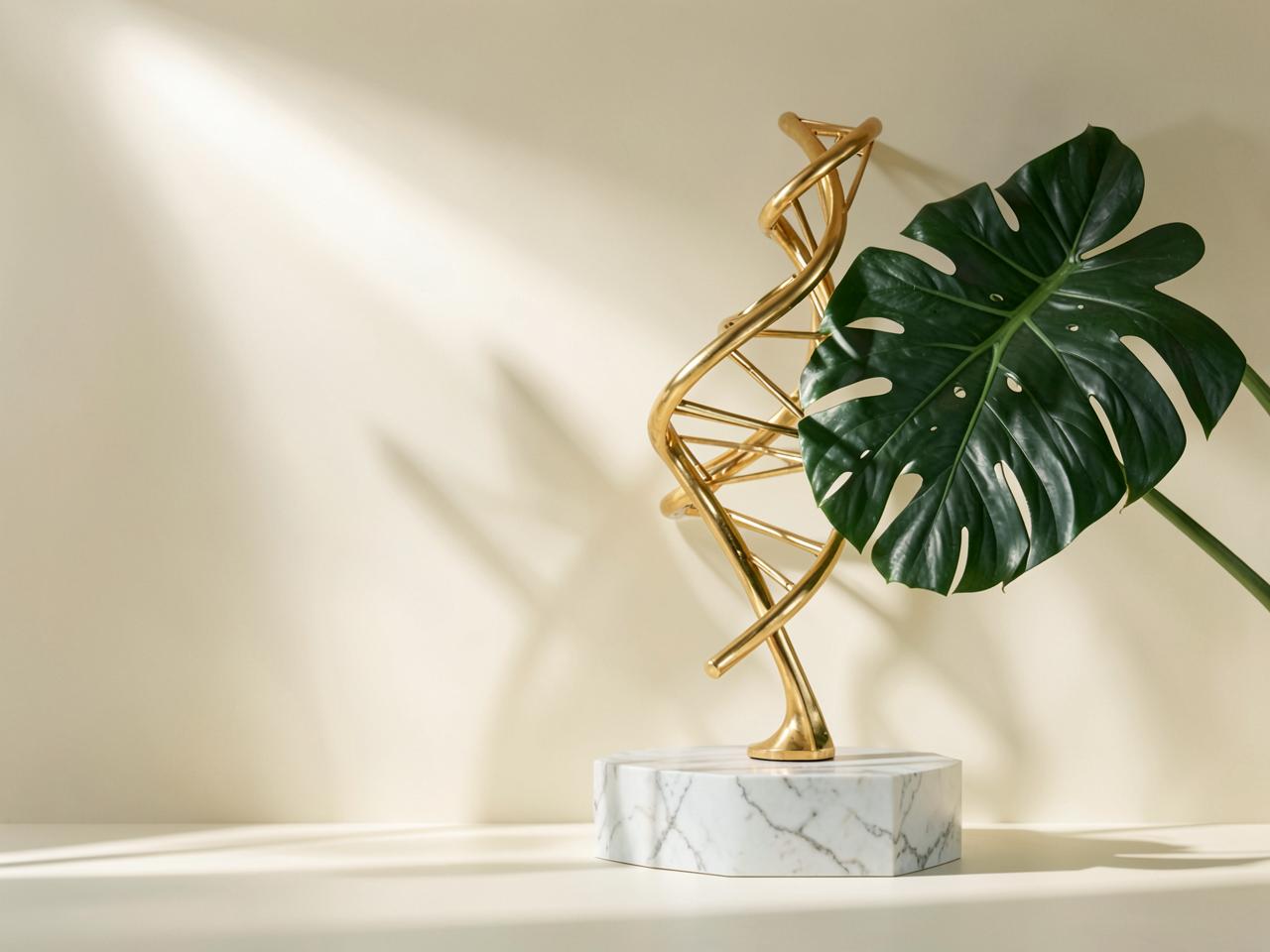 Golden DNA helix sculpture with green botanical leaf on cream marble